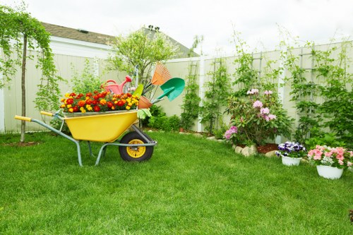 Traditional English garden setting in Kensington with lush greenery
